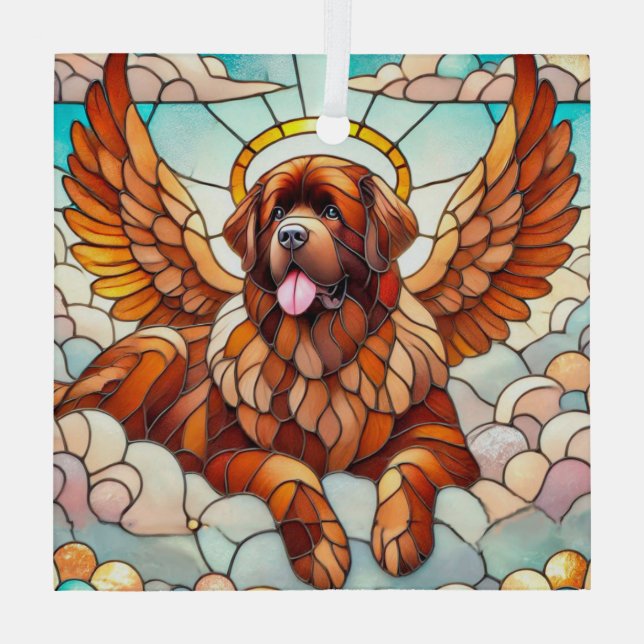 Newfoundland Dog Brown Angel Suncatcher  Glass Ornament (Back)