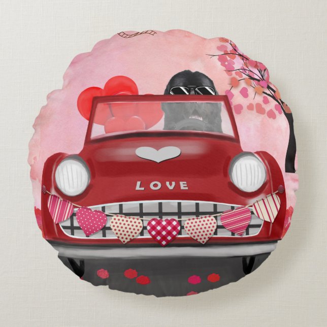 Newfoundland Dog Car with Hearts Valentine's  Round Pillow (Front)