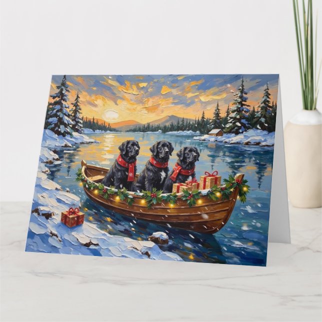 Newfoundland Dog Christmas Boat Holiday Card (Front)