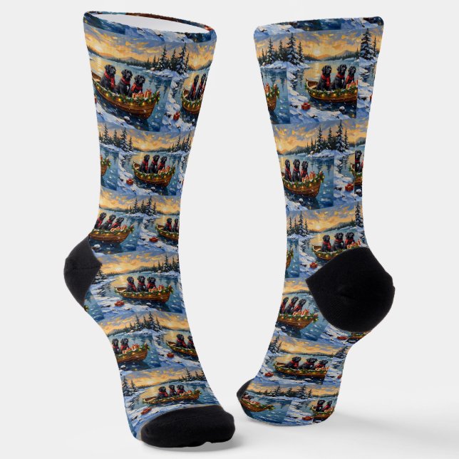 Newfoundland Dog Christmas Boat Holiday Socks (Angled)