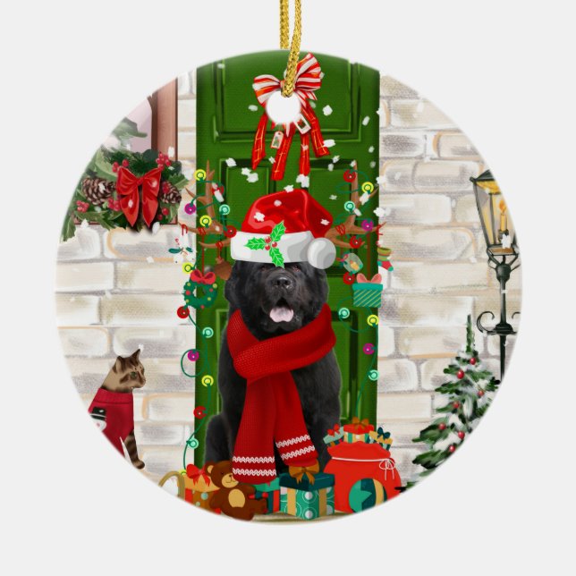 Newfoundland Dog Christmas  Ceramic Ornament (Front)