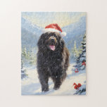 Newfoundland dog Christmas Jigsaw Puzzle<br><div class="desc">Colourful design of a Newfoundland dog wearing a santa hat walking through the snowy mountains and wishes a merry christmas.</div>