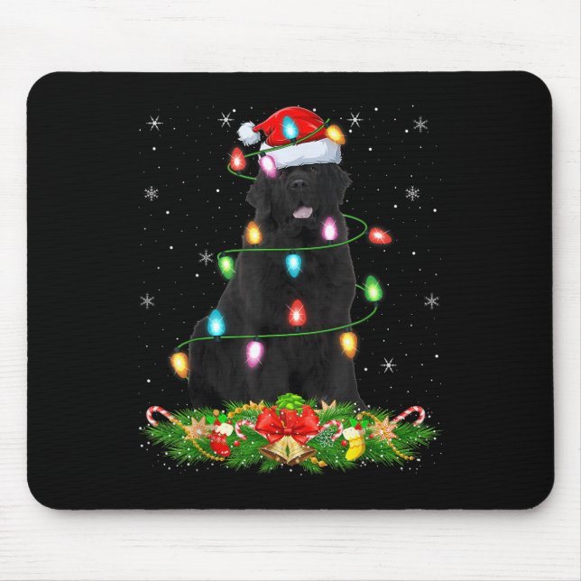Newfoundland Dog Christmas Lights Funny Santa Hat  Mouse Pad (Front)