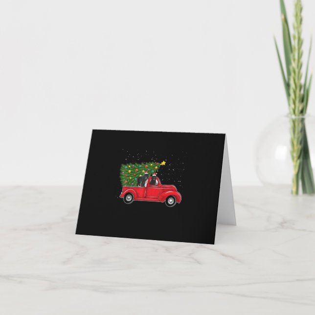 Newfoundland Dog Christmas On Red Car Truck Xmas Card (Front)