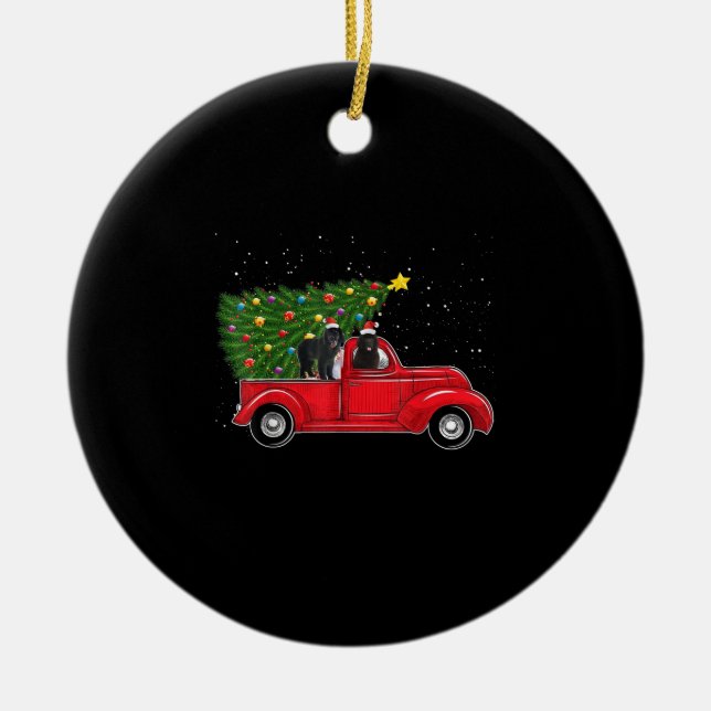Newfoundland Dog Christmas On Red Car Truck Xmas Ceramic Ornament (Front)