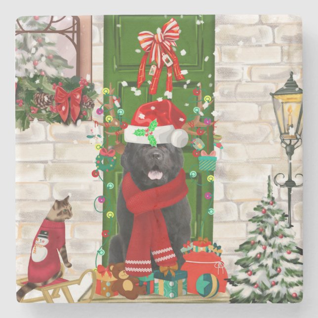 Newfoundland Dog Christmas  Stone Coaster (Front)