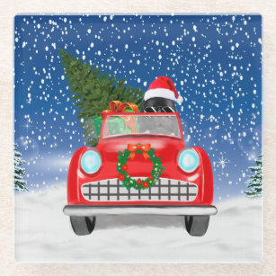 Newfoundland Dog Driving Car In Snow Christmas  Glass Coaster