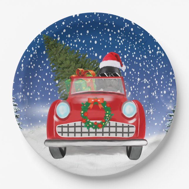 Newfoundland Dog Driving Car In Snow Christmas  Paper Plate (Front)