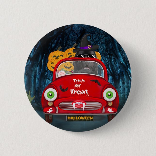 Newfoundland Dog Driving Car Scary Halloween 2 Inch Round Button (Front)