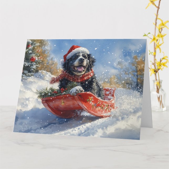 Newfoundland Dog in Sledge Let it Snow Christmas Card (Yellow Flower)