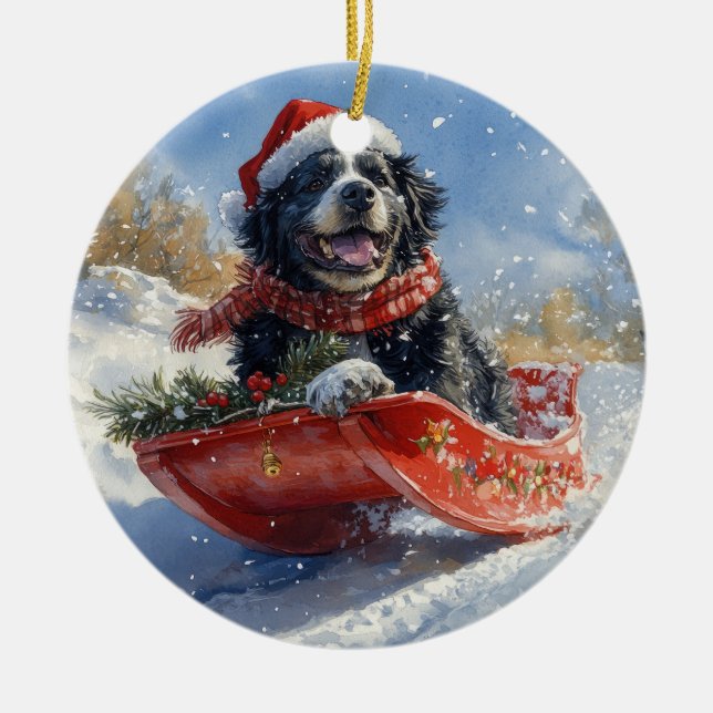 Newfoundland Dog in Sledge Let it Snow Christmas Ceramic Ornament (Front)