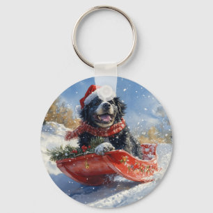 Newfoundland Dog in Sledge Let it Snow Christmas Keychain
