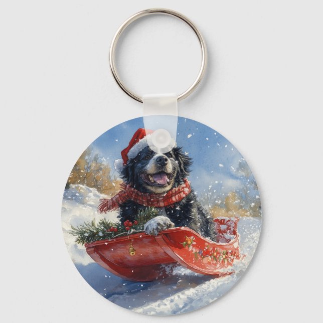 Newfoundland Dog in Sledge Let it Snow Christmas Keychain (Front)