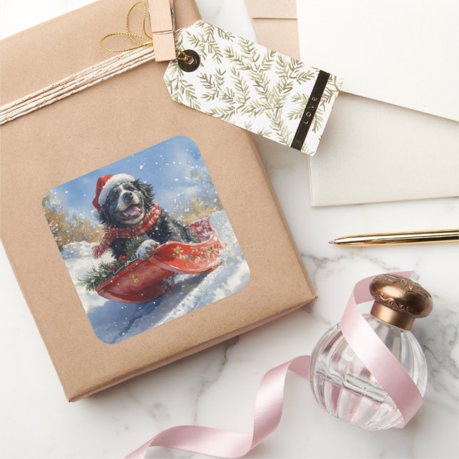 Newfoundland Dog in Sledge Let it Snow Christmas Square Sticker (Gifting)
