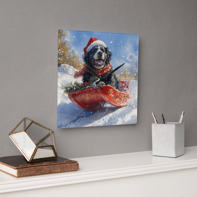 Newfoundland Dog in Sledge Let it Snow Christmas Square Wall Clock (Office)