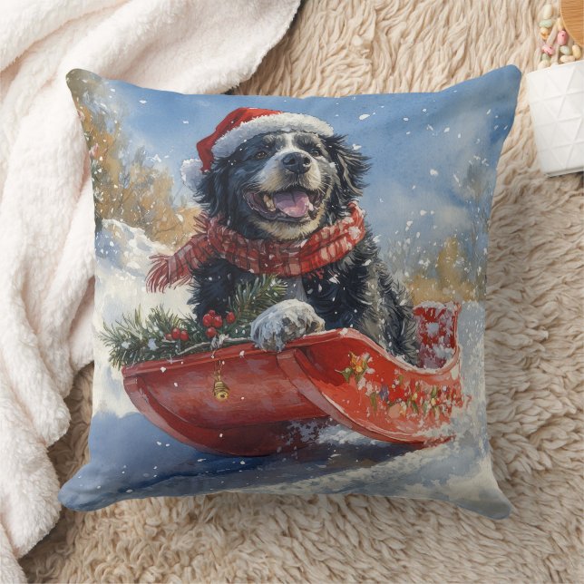 Newfoundland Dog in Sledge Let it Snow Christmas Throw Pillow (Blanket)