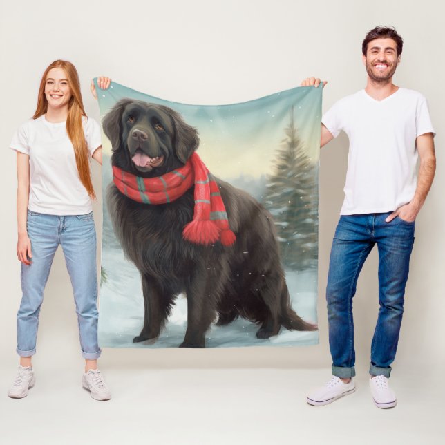 Newfoundland Dog in Snow Christmas Fleece Blanket (In Situ)