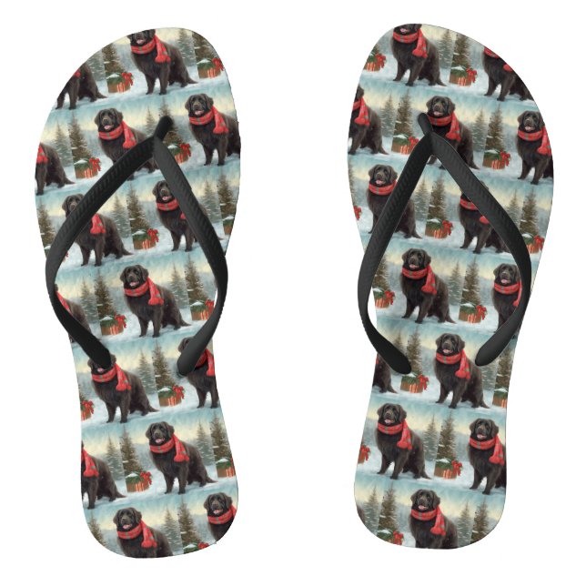 Newfoundland Dog in Snow Christmas Flip Flops (Footbed)