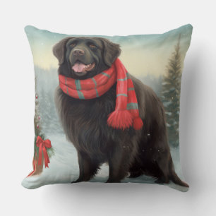 Newfoundland Dog in Snow Christmas Throw Pillow