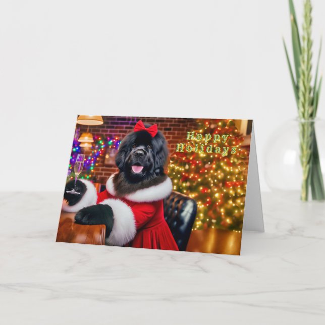Newfoundland Dog Party Girl Christmas Card (Front)