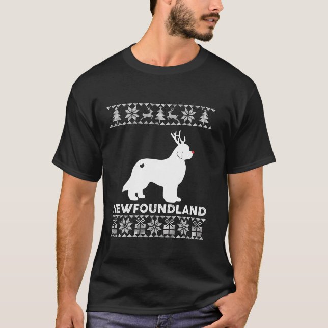 Newfoundland Dog Pet Lover Reindeer Ugly Christmas T-Shirt (Front)