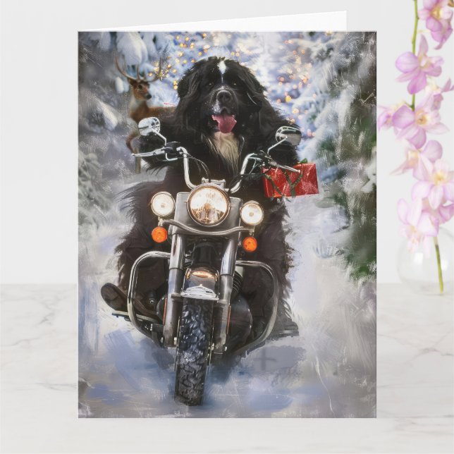 Newfoundland Dog Riding Motorcycle Christmas  Card (Orchid)