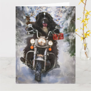 Newfoundland Dog Riding Motorcycle Christmas Card