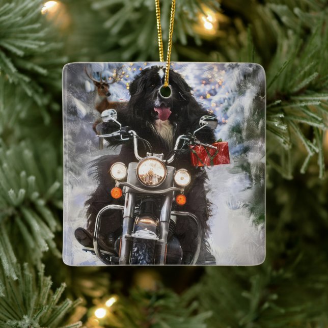 Newfoundland Dog Riding Motorcycle Christmas  Ceramic Ornament (Tree)