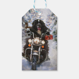Newfoundland Dog Riding Motorcycle Christmas Gift Tags