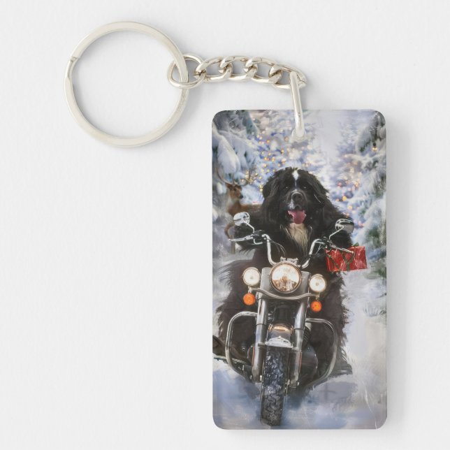 Newfoundland Dog Riding Motorcycle Christmas  Keychain (Front)