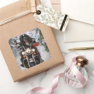 Newfoundland Dog Riding Motorcycle Christmas Square Sticker