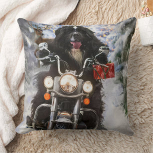Newfoundland Dog Riding Motorcycle Christmas  Throw Pillow