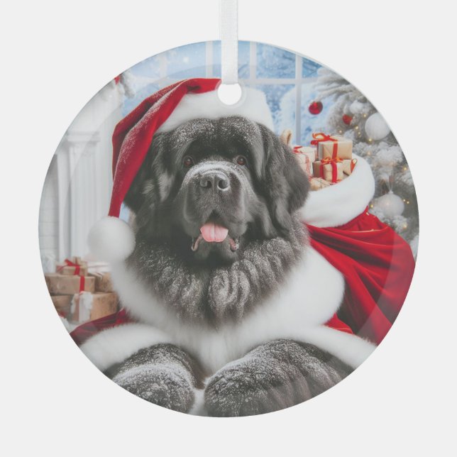 Newfoundland Dog Santa  Glass Ornament (Front)