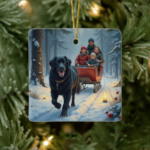 Newfoundland Dog Snowy Sleigh Ride Christmas Ceramic Ornament