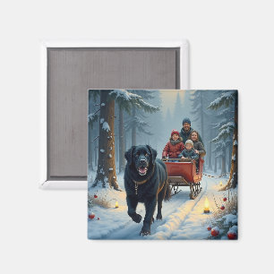 Newfoundland Dog Snowy Sleigh Ride Christmas Magnet