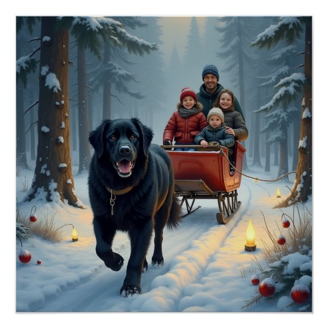 Newfoundland Dog Snowy Sleigh Ride Christmas Poster (Front)