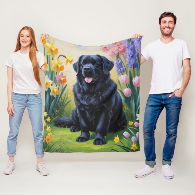 Newfoundland Dog Spring Flowers Painting Fleece Blanket (In Situ)