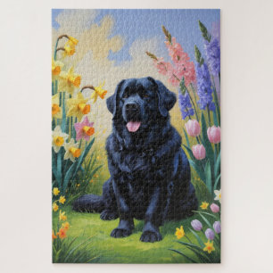 Newfoundland Dog Spring Flowers Painting Jigsaw Puzzle