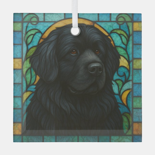 Newfoundland Dog "Stained Glass"  Glass Ornament (Front)