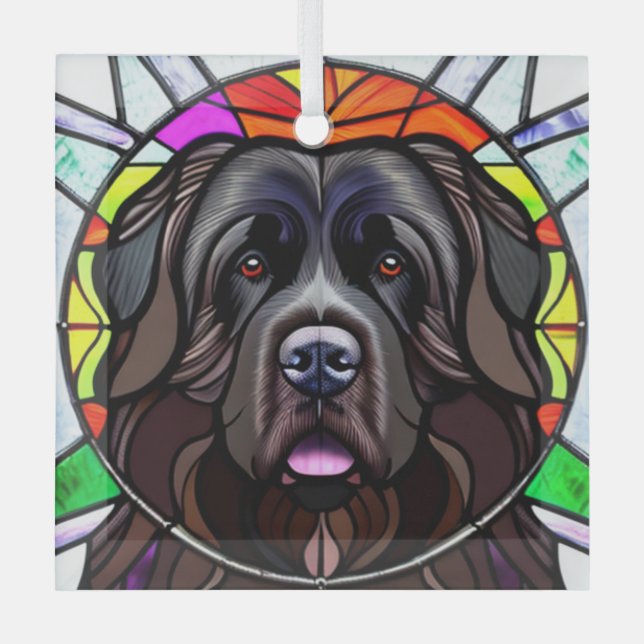 Newfoundland Dog "Stained Glass"  Glass Ornament (Front)