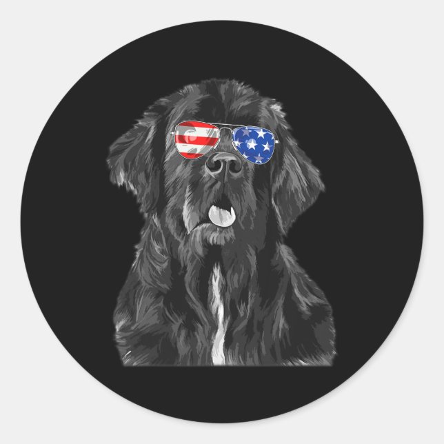 Newfoundland Dog Sungles Flag American 4th Of July Classic Round Sticker (Front)