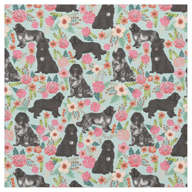 newfoundland dog vintage florals mint fabric (Close Up)