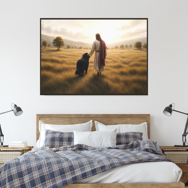 Newfoundland dog walking with Jesus Canvas Print (Insitu(Bedroom))