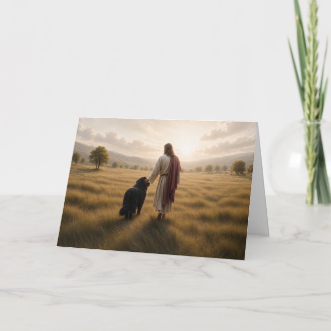 Newfoundland dog walking with Jesus (Memorial card (Front)