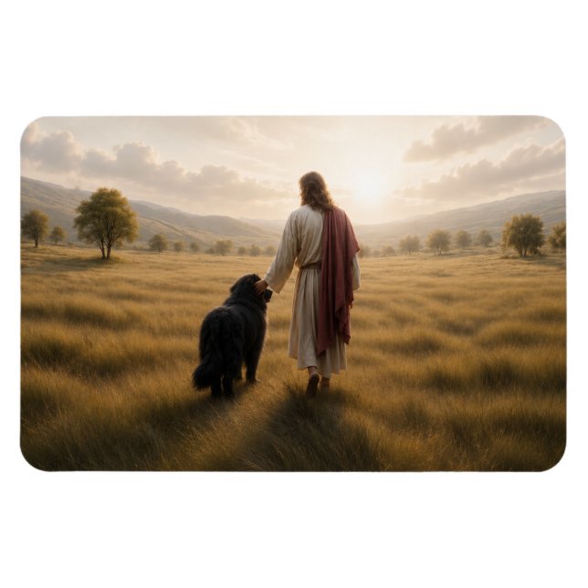 Newfoundland dog walking with Jesus (Memorial card Magnet (Horizontal)