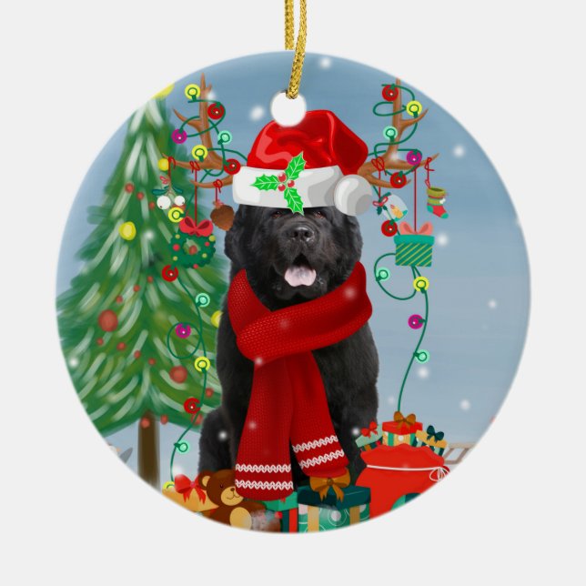 Newfoundland dog with Christmas gifts   Ceramic Ornament (Front)
