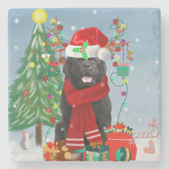 Newfoundland dog with Christmas gifts  Stone Coaster (Front)