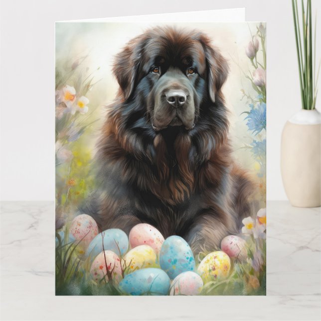 Newfoundland Dog with Easter Eggs Holiday Card (Front)