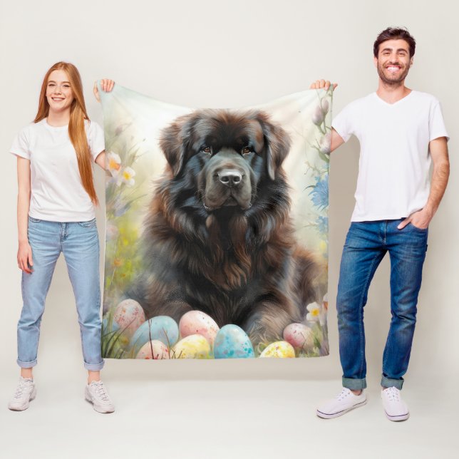 Newfoundland Dog with Easter Eggs Holiday Fleece Blanket (In Situ)