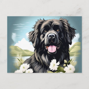 Newfoundland Dog With White Flowers Postcard